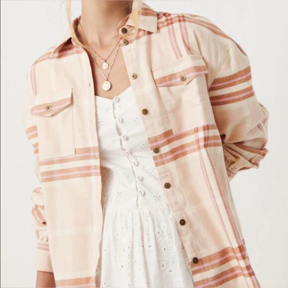 Spell & the Gypsy Basecamp Flannel button up in Musk small cozy plaid cotton - Picture 2 of 8